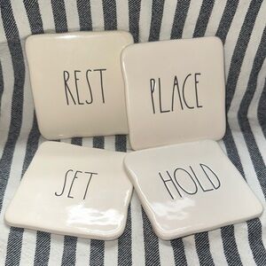 Rae Dunn Ceramic 4” Coasters Set of Four Cream W/Black Lettering